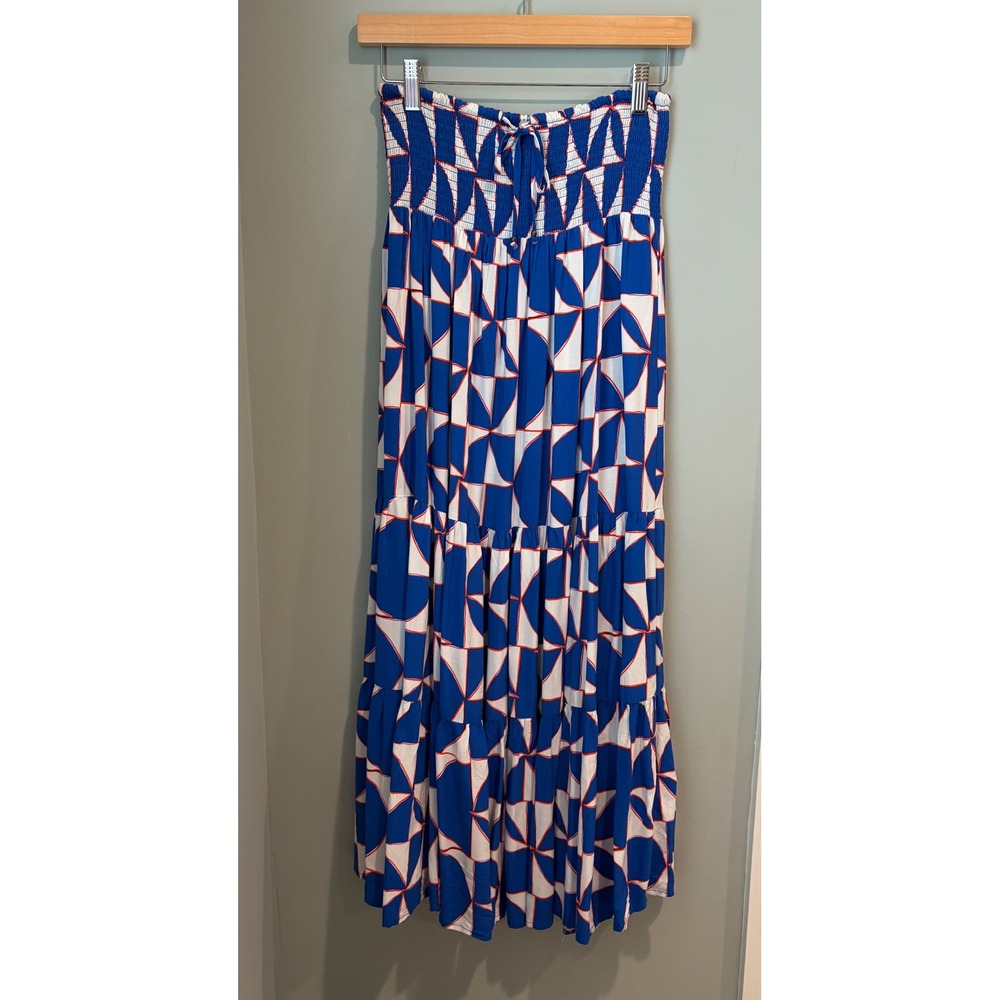 Anthropologie Abel The Label Blue Geometric Smocked Tiered Maxi Skirt XS